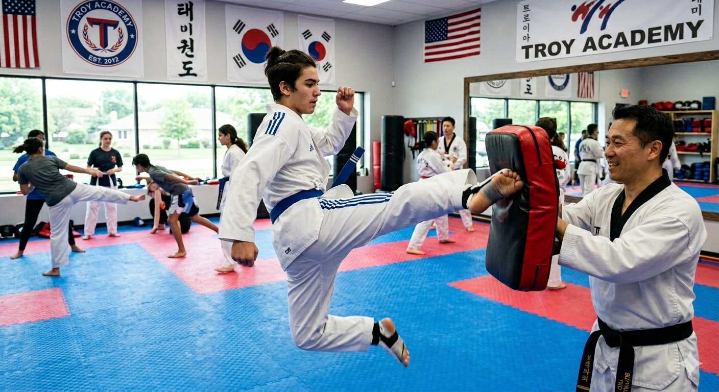 Student performing a flying kick into a target pad held by an instructor at Troy Black Belt Academy